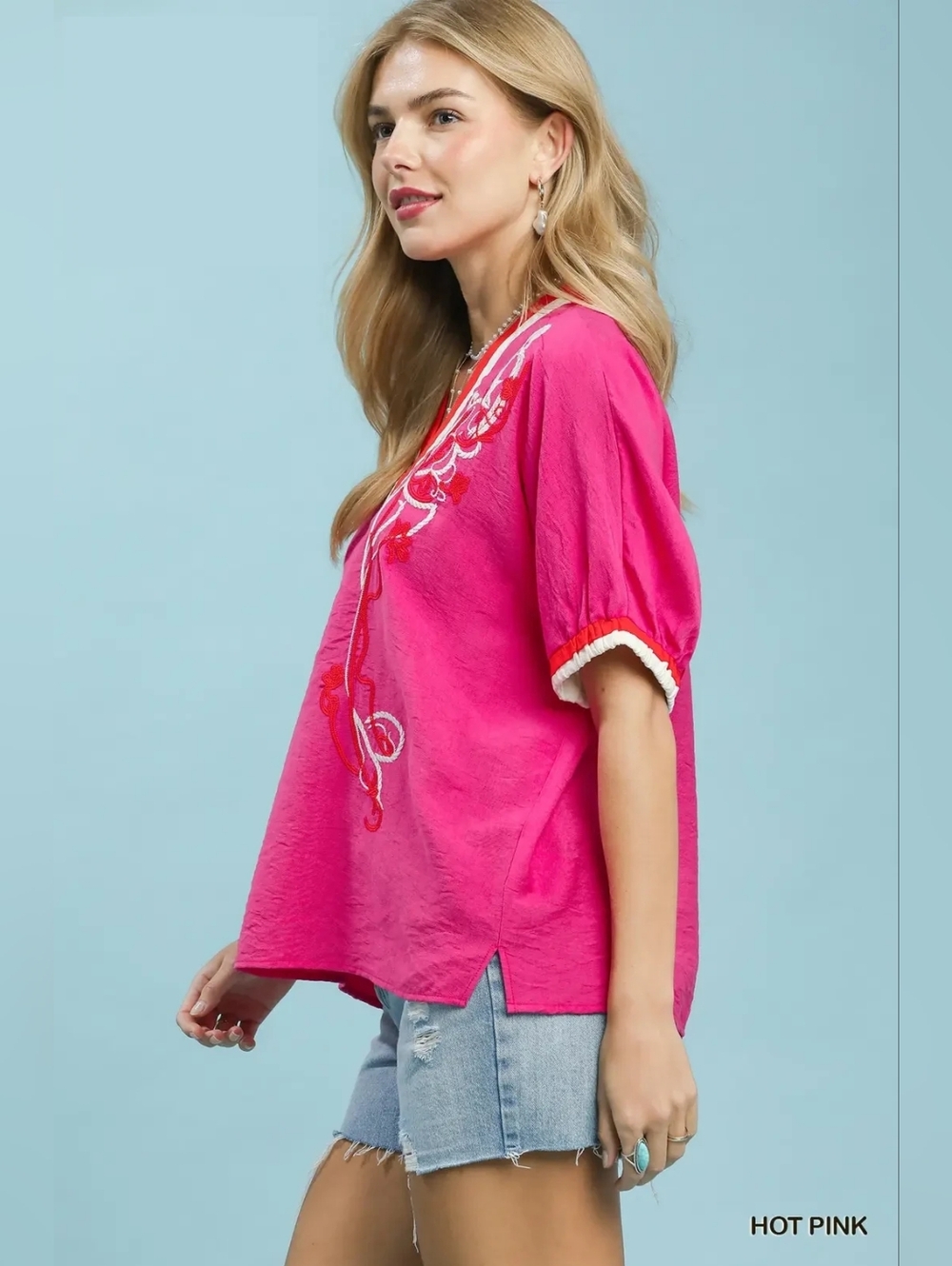 Umgee Embroidered Floral V-Neck Short Sleeve Blouse with Contrast Trim - Picture 4 of 8